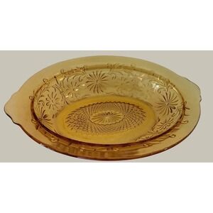 Tiara Vintage Amber  Glass Oval Serving Bowl Floral Pattern Sunburst Gold